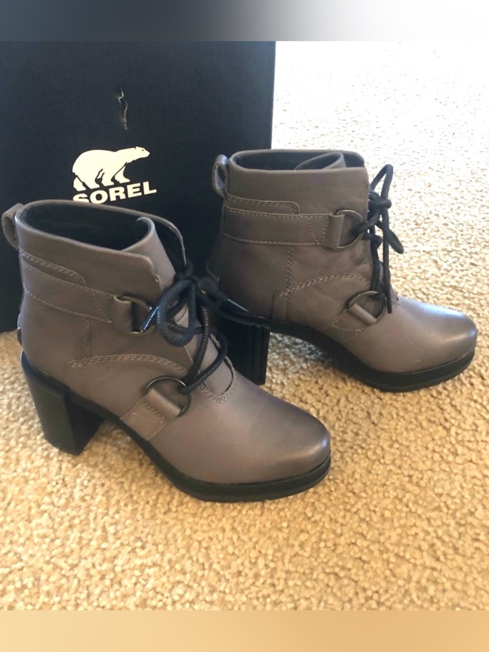 SOREL Margot Leather Heeled Lace Up Booties Grey Color Size 6 $220